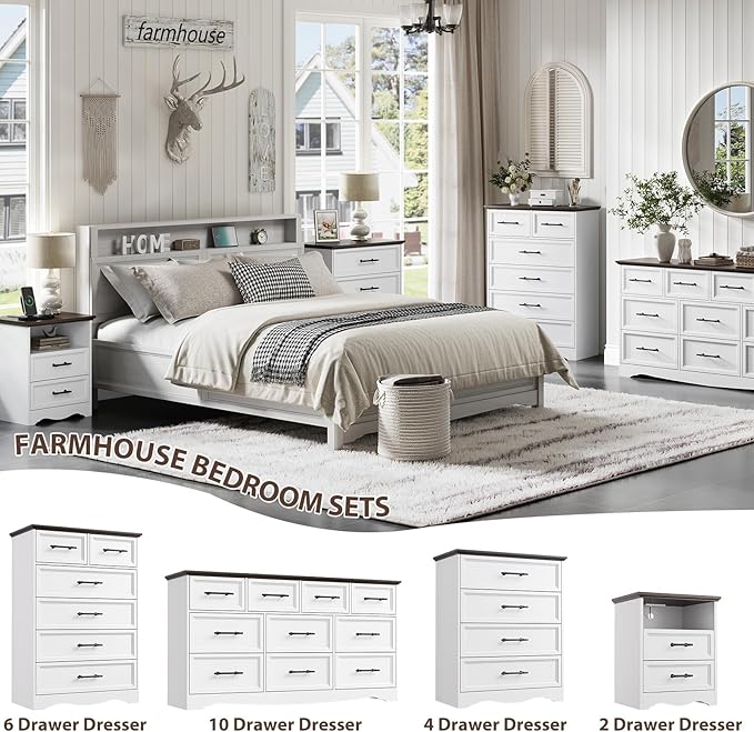 Nightstand with Charging Station, Farmhouse End Table with 2 Drawers Storage, Space-Saving Wood Storage Cabinet with Unique Base Design, Bedside Table for Bedroom, Living Room, White