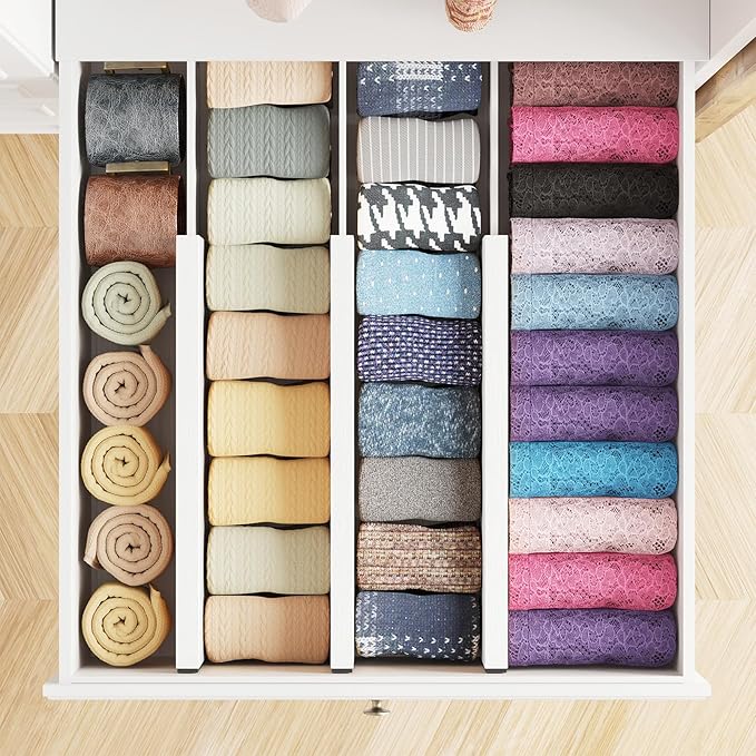 SpaceAid Bamboo Dresser Drawer Dividers 6 Pack, 4.65“ High Adjustable 12.5“-17” Drawer Organizers, Expandable Organization for Clothing, Clothes, Dressers, White