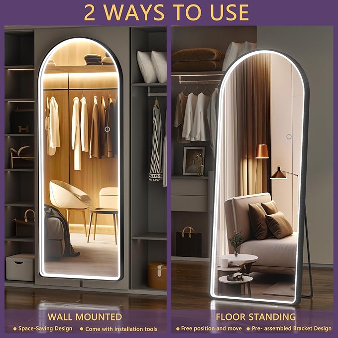 Hasipu 65" x 22" Led Mirror Full Length, Full Body Mirror with Lights, Arch Design, Wall Mounted, Modern Style