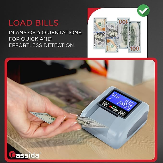 Cassida Quattro Fast Automatic Currency Counterfeit Detector with Advanced Sensors (UV,MG,IR,MT,Thickness,Size) - All-Orientation Feeding - Rechargeable Battery - 3.5" Value & Pass/Fail Display