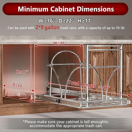 Dual Under Sink Trash Can Heavy Duty Pull Out Trash Can Under Cabinet, Fits 2x35Qt (7-9 Gal) Commercial Trash Cans Cabinet Trash Bin Pull Out Kit Requires ≥ 22''Dx 16''Wx 17''H, No Can (Silver)