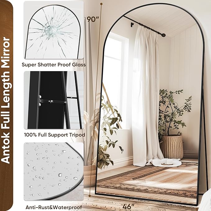 Antok Full Length Mirror, 91"x46" Oversized Floor Mirror Freestanding, Full Body Floor Standing Mirror with Stand, Hanging Mounted for Living Room Cloakroom,Black,Arched Style