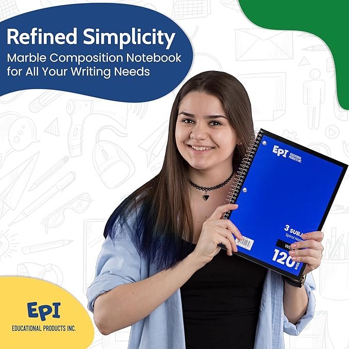 EPI Spiral Notebook | 3 Subject - Wide Ruled - 120 Sheets, Durable Spiral Binding | 10.5 x 8 in | Classroom Supplies | School, Office, Note Taking, Journaling - 36 Pack