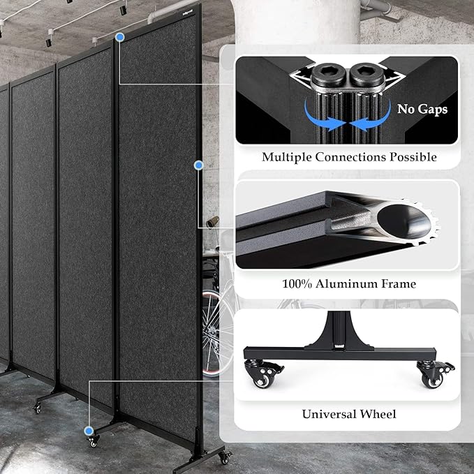 Upgrade Version Room Partition and Divider, Freestanding Rolling Dividers with Wheels,Office Privacy Screen Divider Wall,Classroom Felt Dividers,10'6"L* 6'7"H,5 Panel，Dark Grey