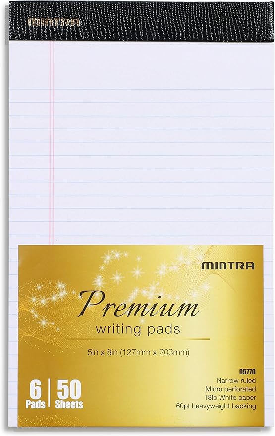 Mintra Office Legal Pads, ((xPremium, 5in x 8in, Narrow (White), 36pk (6-6pks))