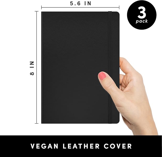 PAPERAGE Lined Journal Notebook, 3 Pack, (Black), 160 Pages, Medium 5.6 in x 8 in - 100 GSM Thick Paper – Hardcover Journaling Notebook for Work, School & Note Taking