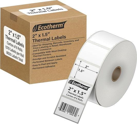 2" x 1.5" Thermal Labels | 6 Rolls | 8220 Labels | fits Zebra, Munbyn, Rollo, Godex, Arkscan, iDPRT, Offnova Thermal Label Printers and More | Blank White Adhesive Stickers by Ecotherm