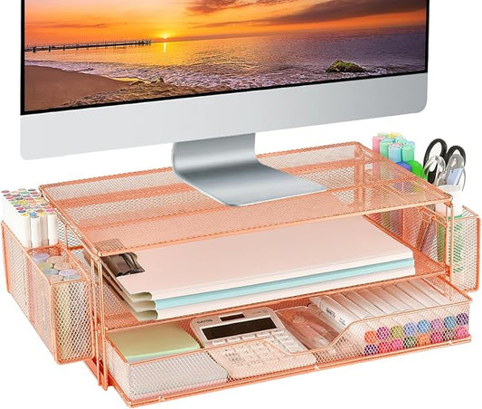 AUPSEN Computer Monitor Stands Riser，2-Tier Desk Organizers and Accessories, Office Desk Accessories Organizer with Drawers and 2 Pen Holder for Office Supplies (Rose Gold)