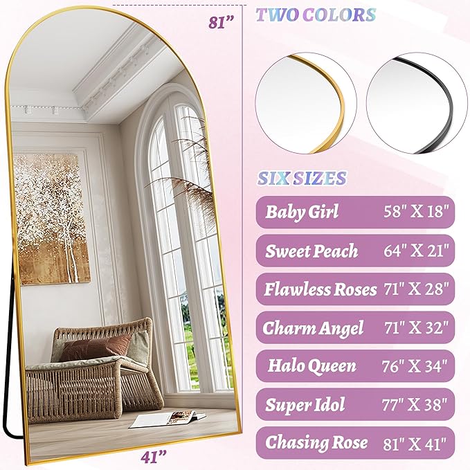 Full Length Mirror, 81"x41" Oversized Floor Mirror Freestanding, Full Body Floor Standing Mirror with Stand, Hanging Mounted for Bedroom Living Room, Gold, Arched Style