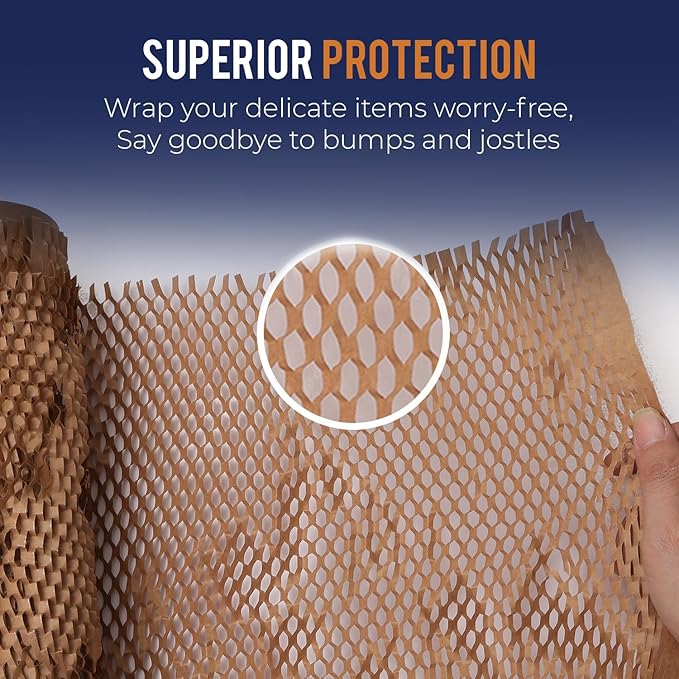 Honeycomb Packing Paper 15" x 200ft with Rope & 20 Fragile Stickers|Shipping & Moving Supplies|Small Business Packaging Supplies|Eco Friendly Bubble Wrap Packing Boxes for Moving Certified FSC C204227