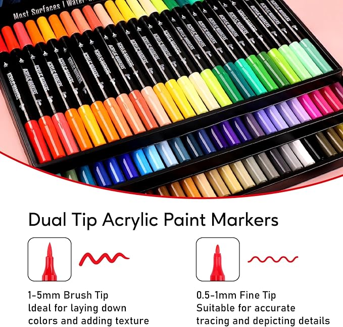 72 Colors Acrylic Paint Markers, Dual Tip with Fine Tip and Brush Tip Pens for Stone, Wood, Calligraphy, Canvas, Ceramic, Metal, Glass, Rock Painting, DIY Crafts