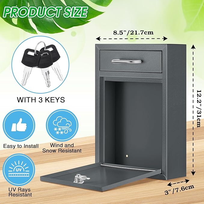 Locking Mailbox with Key for Outdoor 12.2 x 8.5 x 3 Inches Large Wall Mount Mail Box with Lock Security Mail Drop Metal Collection Boxes Hanging Secure Postbox(Dark Gray)