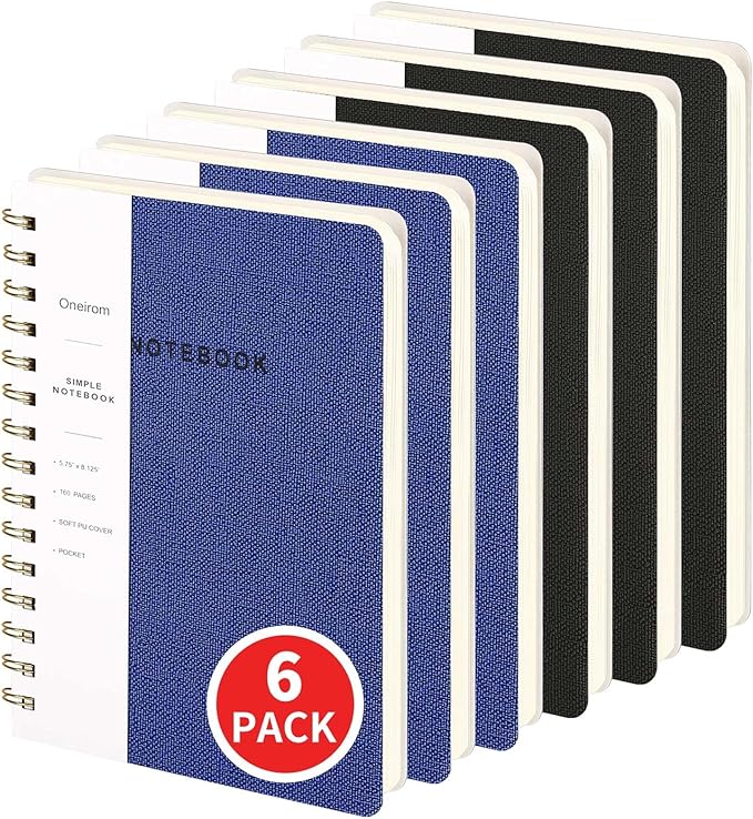Lined Spiral Notebook College Ruled A5 Journal Book for Note Taking, 160 Pages Writing Journal for Office and Home School Supplies 5.75x8.125 inch (6pack-3Black/3NavyBlue)