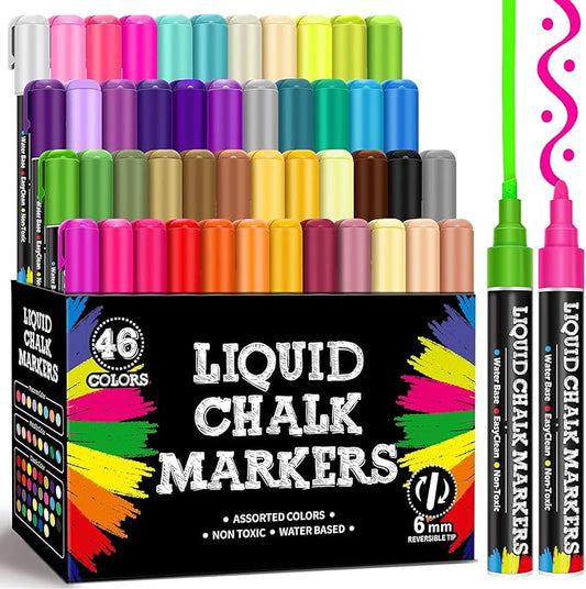 46 Pack Liquid Chalk Markers for Blackboard, Dry Erase Markers Pens for Chalkboard Calendar Window Car Glass, 6mm Reversible Tip, Dust-Free Chalk Pens for School Kids Bistro Businesses Restaurants