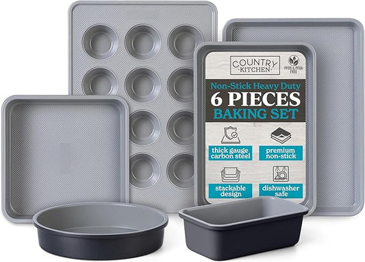 Country Kitchen Nonstick Stackable Bakeware Set - Durable, Easy Release Baking Set, Black, 6 Pcs