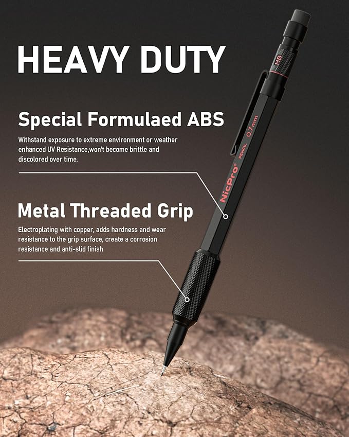 Nicpro 0.5 mm & 0.7 mm Mechanical Pencil Set with Case, MP2000 Metal Artist Mechanical Pencil With 6 Tube HB 2B Lead Refills, Eraser, Weatherproof Barrel for Outdoor Writing Drafting Sketching