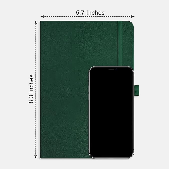 RETTACY Bullet Dotted Journal Notebook, 192 Pages, A5 Medium Size (5.7'' x 8.3''), Leather Hardcover, 100 GSM Thick Paper, for Bullet Journaling, Planning, Tracking (Dark Green)