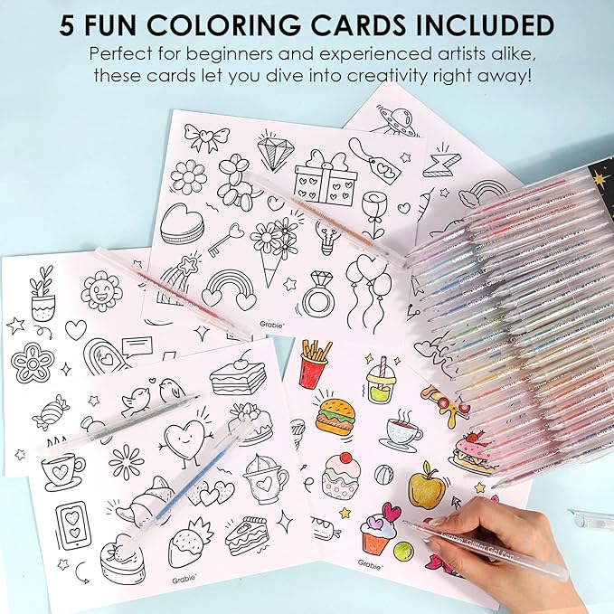 Grabie 42 Glitter Gel Pen Set, 18 Iridescent&24 Essential Color Pens, Smooth Rollerball Tip, Metallic Sparkly Gel Pens for Coloring (42 Colors Capped Glitter Gel Pens)