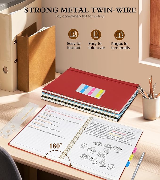 Spiral Notebook Journal 8.5” x 11”, A4 Large Notebooks for Women Men, College Ruled Lined Journal, 100 GSM Paper, Hardcover Spiral Bound Journals for Work School Writing Note Taking Business, Red