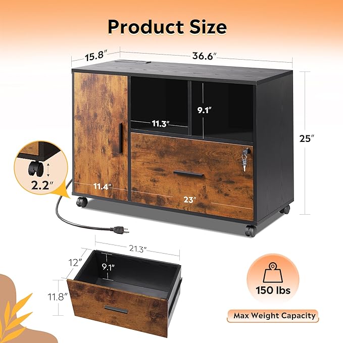 DEVAISE File Cabinet with Charging Station, 1 Drawer Rolling File Cabinet, Locking Filing Cabinet for Home Office, Wood Printer Stand with Storage, Rustic Brown