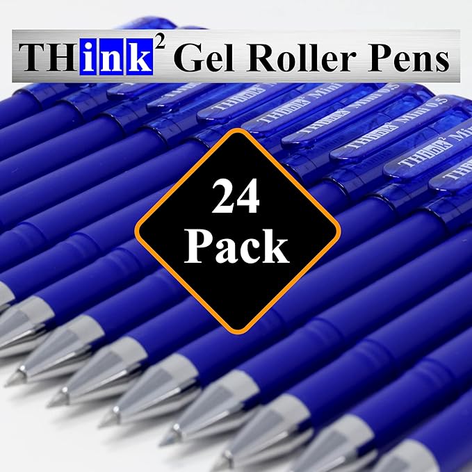 THINK2MASTER [24 Pens - Blue Ink Think2 0.5mm Pocketable Mini Gel Pens. (24 Blue) Fine Point Small Rollerball Pens with Smooth Quick Drying Ink.