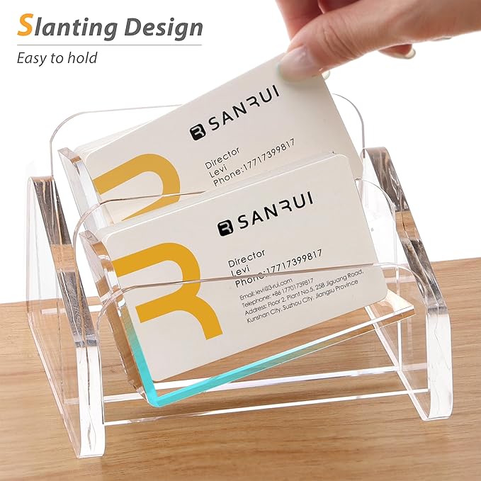 SANRUI Acrylic Business Card Holder for Desk, 2 Tier Clear Tilt Business Name Card Display Holders Stand Storage Organizer Fits 120 Business Cards (Horizontal, 2-Slot)