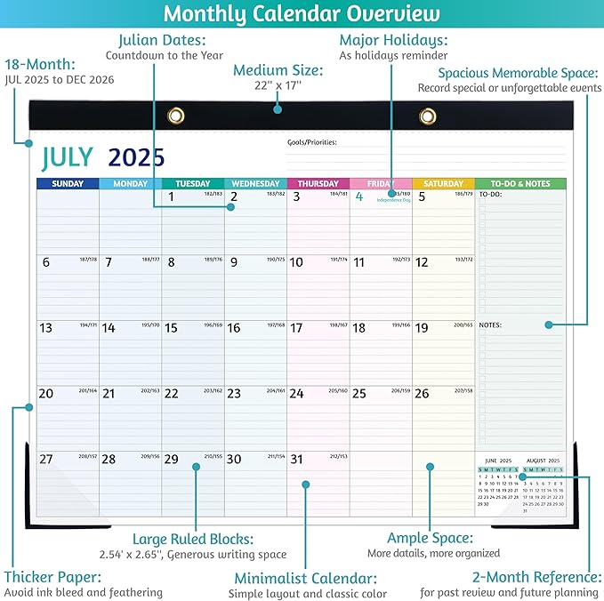 2025-2026 Desk Calendar – Shipped Flat, Large Desk Calendar, 22'' x 17'', Jul 2025 – Dec 2026, 18 Monthly Calendar, Best Desk/Wall Calendar with Desk Pad, To-do Lists, Ruled Blocks, Corner Protectors