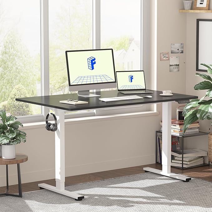 FLEXISPOT EN1 One-Piece Standing Desk, 48 x 30 Inches Electric Height Adjustable Desk for Home Office (White Frame + Black Desktop, 2 Packages)