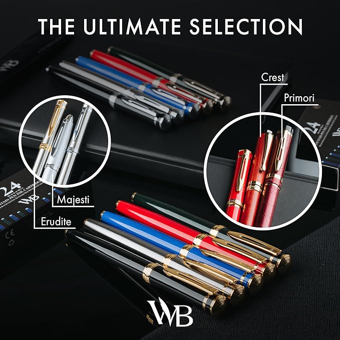 Wordsworth & Black Fountain Pen Set, Medium Nib, Includes 24 Pack Ink Cartridges, Ink Refill Converter & Gift Pouch, Chrome Finish, Calligraphy, [Crimson Red], Perfect for Men & Women