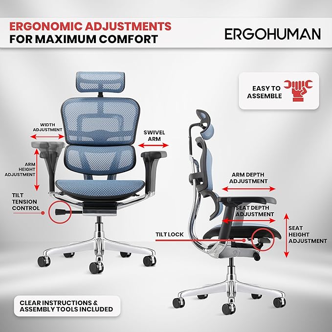 Ergohuman Eurotech ME7ERG GEN2 High Back Mesh Office Chair with Tilt Tension Control, Tilt Lock, Back Angle, Back Height, Synchro Tilt, Seat Height, Seat Depth, and Arm Height Adjustments, Blue
