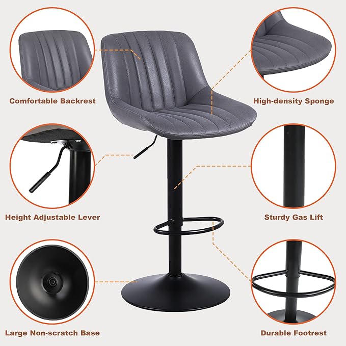 Bar Stools Set of 1, Swivel Counter Height Barstools with Back, Adjustable PU Leather Bar Chairs, Modern Armless Kitchen Island Stool, Dark Grey