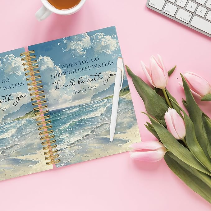 Ocean Christian Spiral Notebook, Coastal Bible Journaling Notebooks for Women Men, Religious Beach Hardcover Journals for Office 160 Pages 5.5 x 8.3 Inch, Scripture Gifts for Women Faith