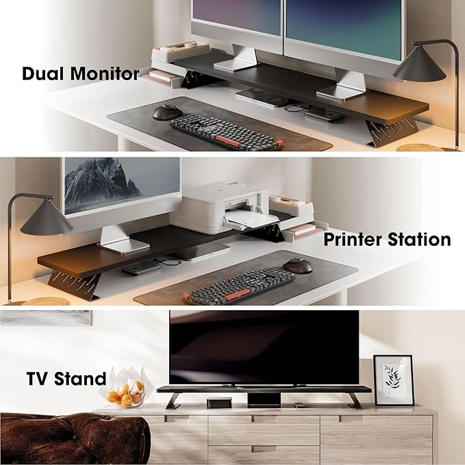 Fenge Dual Monitor Stand Riser, 42.5 Inch Desk Top Shelf for 2 Monitors, Computer Stands for Desk, Wood & Steel Desktop Riser for Laptop, PC, Printer