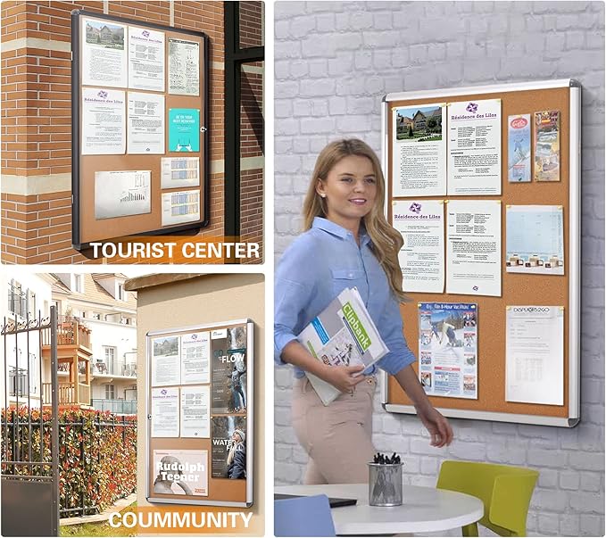 SWANCROWN Lockable Noticeboard Wall-Mounted Bulletin Cork Boards Tamper Proof Information Board Indoor,Black Frame,28x26 inch (6xA4)