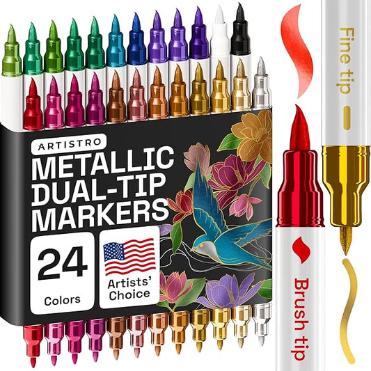 ARTISTRO Dual Tip Acrylic Paint Markers - Easy for All Ages & Levels Acrylic Paint Pens for Fabric, Rocks, Paper, Wood, Canvas, Glass, DIY (Dual Tip Metallic, 24)
