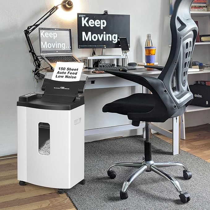 150 Sheet Auto-Feed Paper Shredder, Micro Cut P-5 Super High Security (5/64 x 19/32 inches), Large 6-Gallon Bin, 20 Mins Continuous Run, 55dB Ultra-Quiet for Home Office Use, White
