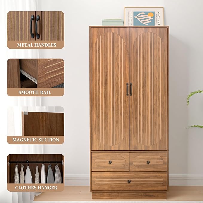 Armoire Wardrobe Closet with Doors, Wardrobe Cabinet with 3 Drawers, Wooden Large Clothing Storage Cabinet with Hanging Rod and Shelf, Mid-Century Modern Tall Closet for Bedroom, Walnut