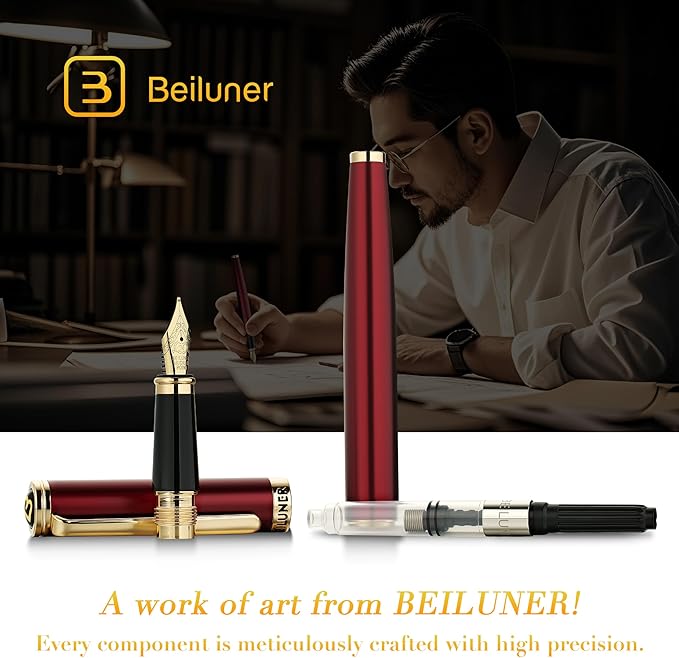 BEILUNER Red Fountain Pen,Stunning Luxury,24K Gilded Nib(Medium),Gorgeous 24K Gold Finish, Ink Converter,Trustworthy Pen Gift for Men&Women-Elegant,Fancy,Executive,Calligraphy, Nice Pens for Writing