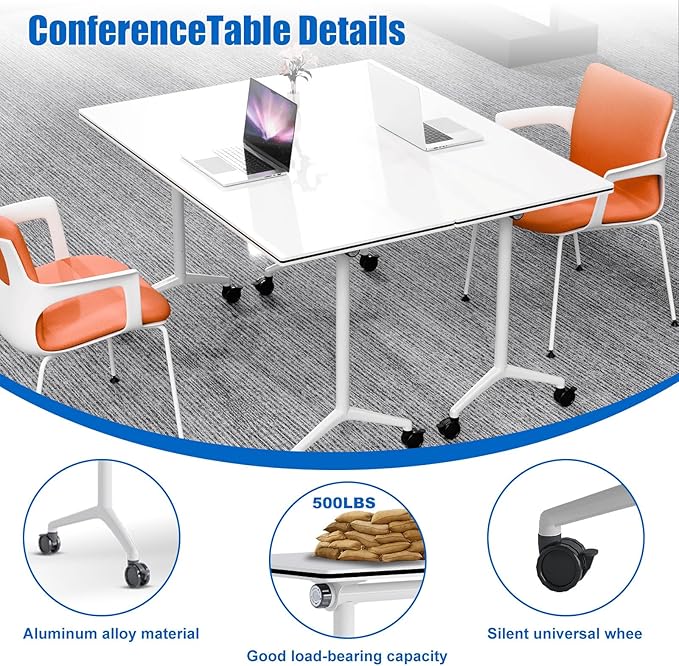 Conference Table, Folding Conference Desk Modern White, Seminar Table with Wheels, 2-10 People for Office, Meeting Break Room (2, 1915, 61IN)