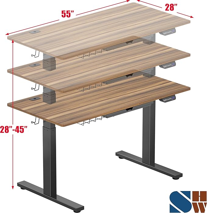 SHW 55 x 28 Inches Electric Height Adjustable Standing Desk with Drawer and Memory Preset, Walnut