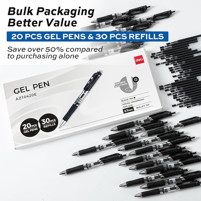 deli Gel Pens, 50 Pcs Retractable Pens Black Ink, 20 Pens with 30 Refills，Medium Point Pen Bulk 0.7mm, Smooth Writing, Fast Dry, No Bleed for Journaling Note Taking, Home School Office Supplies