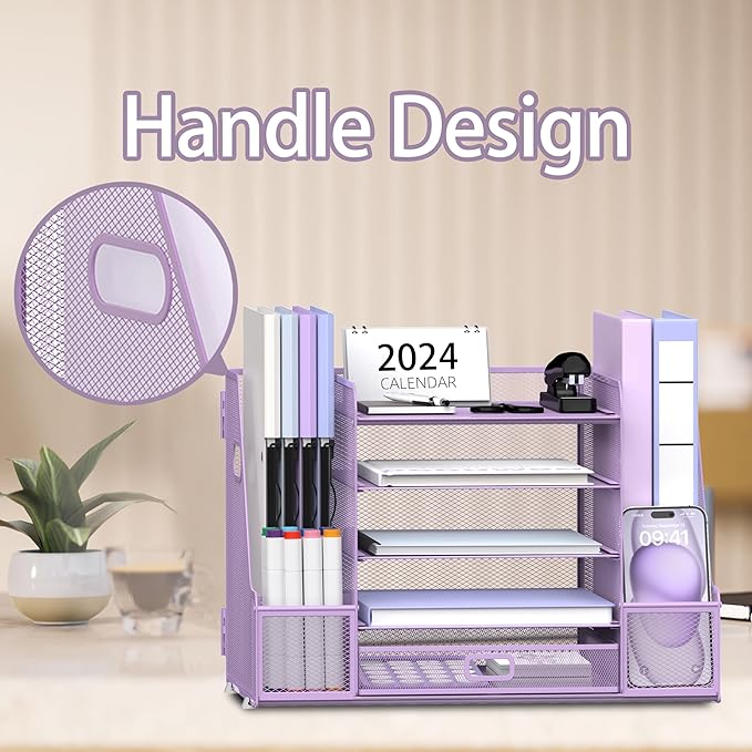 SUPEASY Mesh Desk Organizer with File Holder, 5-Tier Paper Letter Tray Organizer with Magazine Holder, Desktop Organizer and Storage with Drawer for Office Supplies Home or School, Purple