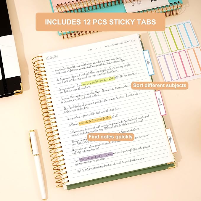 Large Spiral Notebook College Ruled with Tab Stickers A4 Notebooks for School Supplies Hardcover Spiral Notebook 8.5 x 11 Journal Note Book for Work Note Taking Women Men Writing, 220 Pages, Green