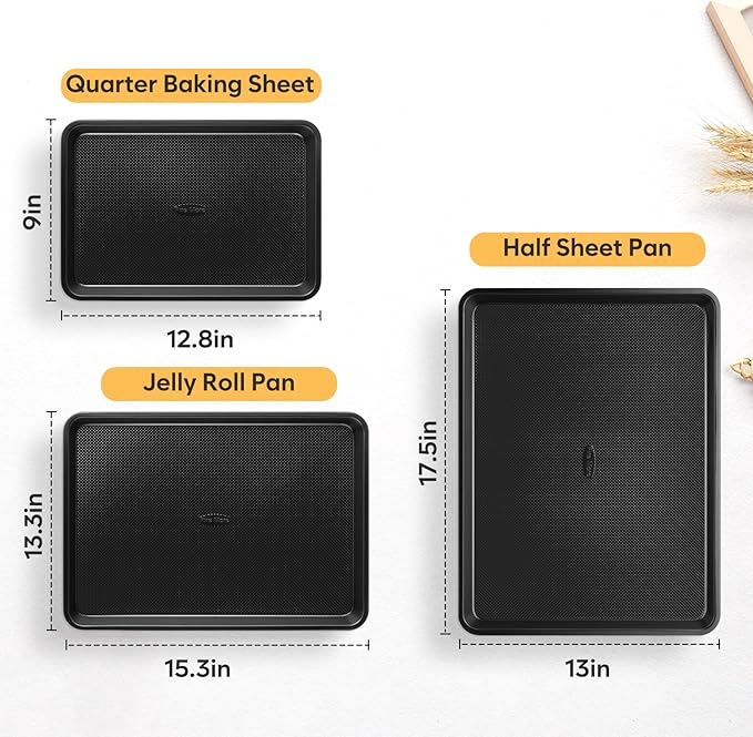 Baking Sheet Pan Set of 3, Thicker Carbon Steel Cookie Sheets for Baking Non Stick with Diamond Texture Pattern, Ceramic Half/Quarter/Jelly Roll Baking Trays for Oven