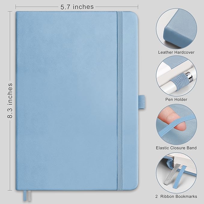 RETTACY Blank Journal Notebook, 192 Pages, A5 Medium Size (5.7'' x 8.3''), Leather Hardcover, 100 GSM Thick Paper, for Sketching, Drawing, Painting (Light Blue)