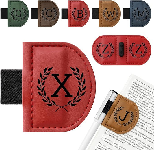 Personalized Bygone Mark Bookmark with Pen Holder,Engraving Leather Magnetic Bookmarks Vintage 26 Letters Name Initials Text Book Marker Clips Gifts for Reading Book Lovers Women (Red, X)