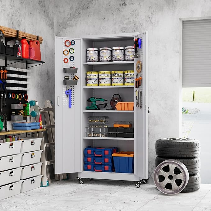 Aobabo 73''H Garage Storage Cabinet with Wheels,Office Storage Cabinet with Lock,Steel Cabinet with 2 Doors and 4 Adjustable Shelves for Garage Office,Required-Assembly White
