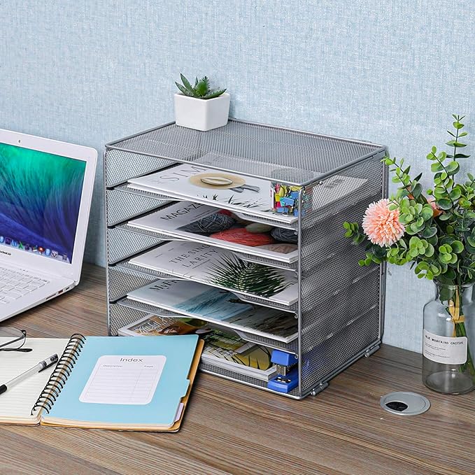 EasyPAG 5-Tier Mesh Desk File Organizer with Metal Frame, Screw-Free Assembly, Space Saving Letter Tray for Office/Home/School - A4 & Letter Size Paper Sorter, Silver