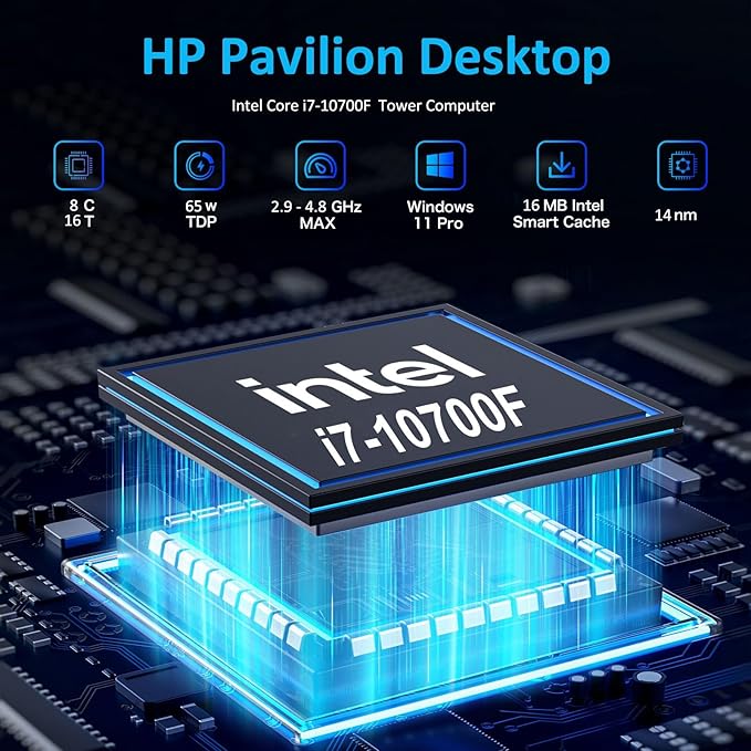HP Pavilion Tower Desktop Computer, Intel 8-Core i7-10700F up to 4.8GHz, 16GB DDR4 RAM, 1TB PCIe SSD, GeForce GT 610 2GB, WiFi 6, Bluetooth, RJ-45, Type-C, KB & Mouse, Black, Windows 11 Pro, Tichang