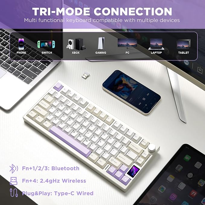 YUNZII AL80 Wireless Mechanical Keyboard,Full Aluminum CNC, Smart LCD Display,Hot Swappable Gasket Mount 75% Layout with Knob,BT/2.4G/USB-C,QMK/VIA Support for Win/Mac (Beige, Gateron Zero Switch)